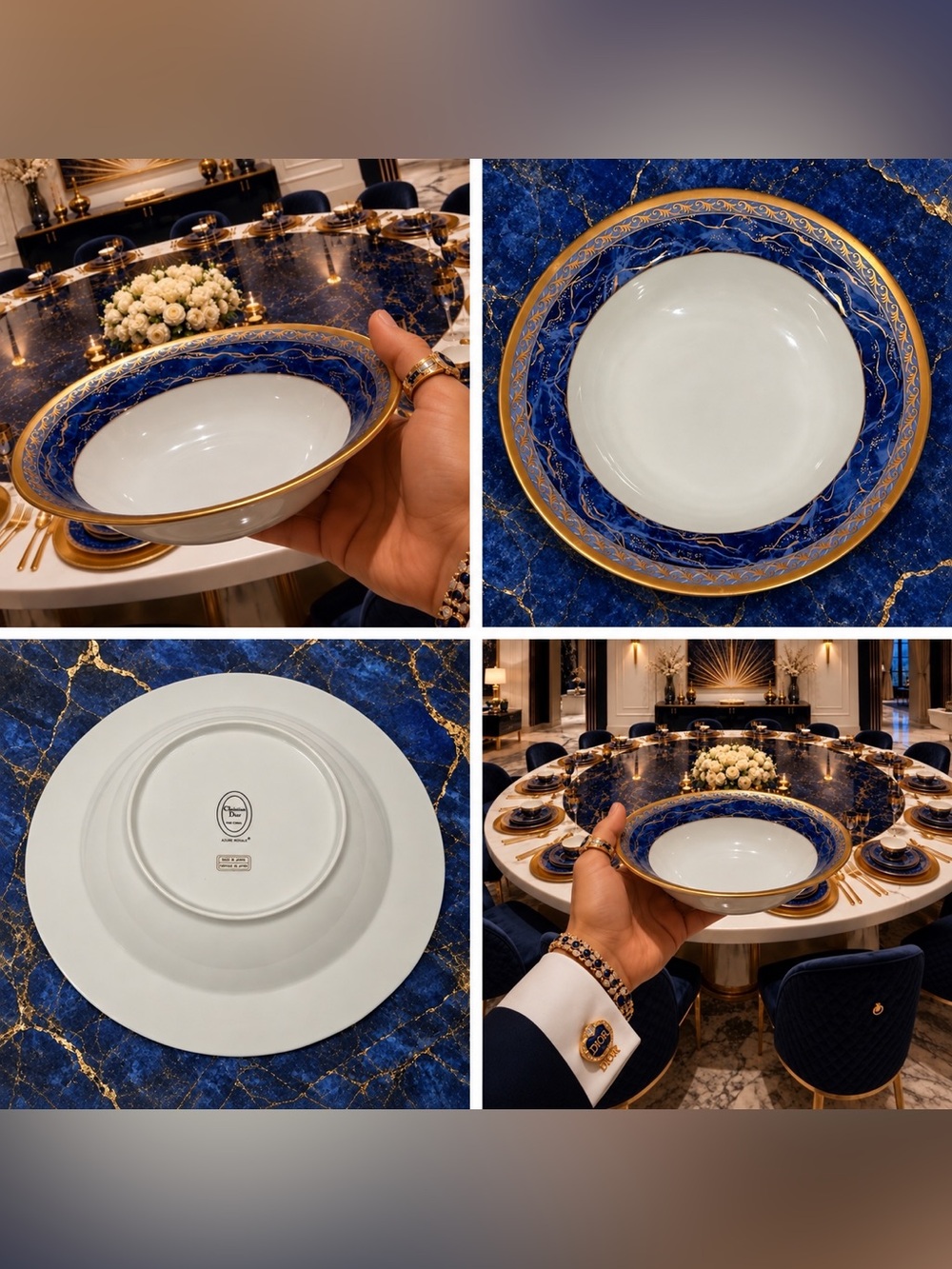 4 PCS Christian Dior Azure Royale Fine Original Art SOUP BOWLS 90’s Vintage GOLD